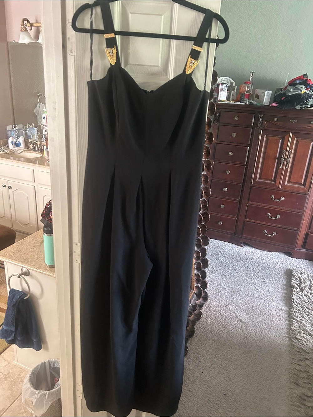 Black Wide-Leg Jumpsuit with Gold Accent Straps